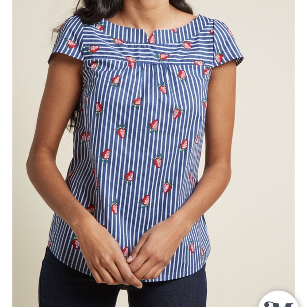 Modcloth Blue and White Striped Strawberry Blouse